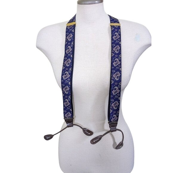 Vintage Pelican Suspenders Blue Paisley Leather Trim Button On USA Preppy Office - Picture 1 of 6